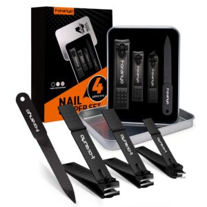 foranyo nail clipper set - 4 pack nail clippers for men women, stainless steel fingernail & toenail clippers nail cutter set with metal tin box for thick nails [black]