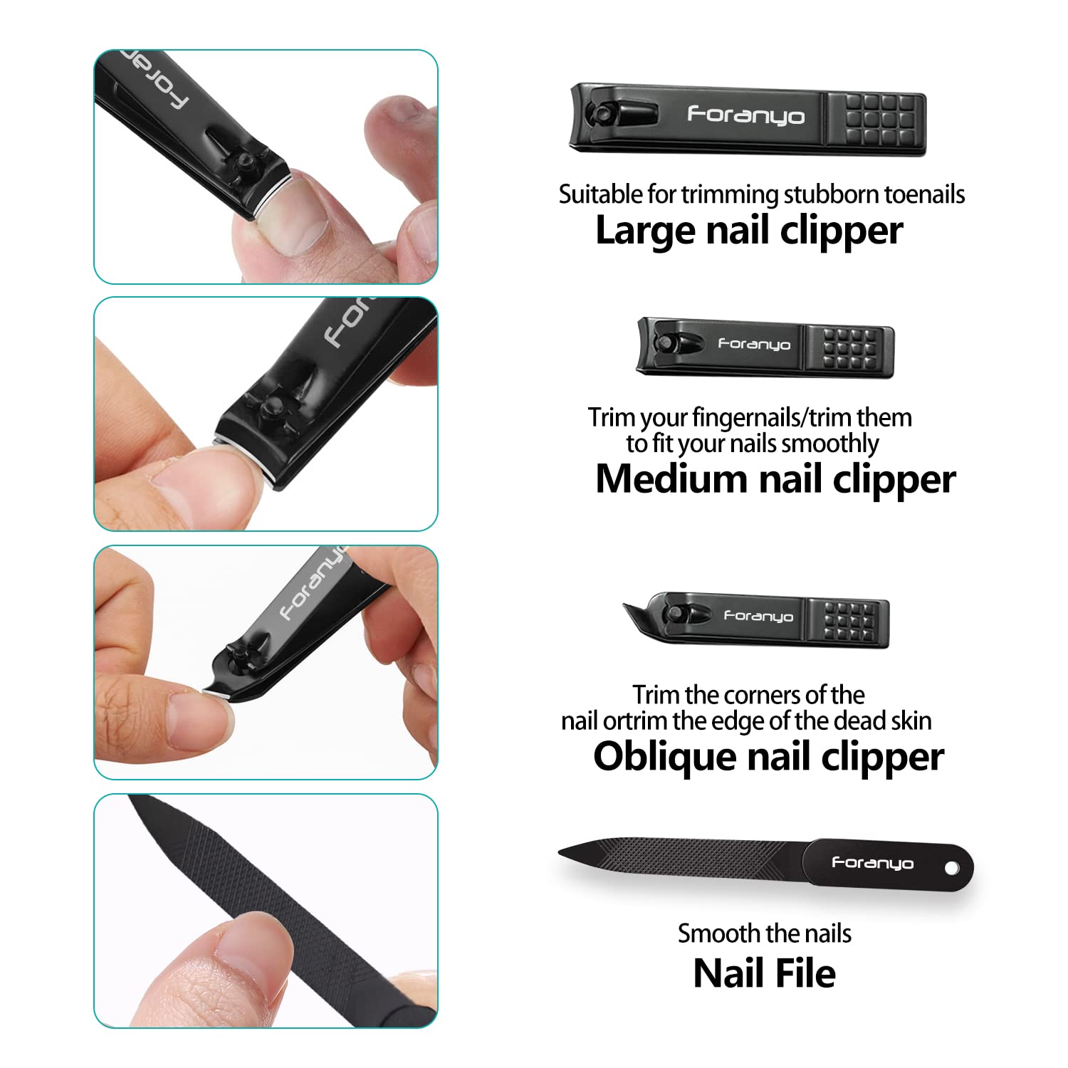 Foranyo Nail Clipper Set - 4 Pack Nail Clippers for Men Women, Stainless Steel Fingernail & Toenail Clippers Nail Cutter Set with Metal Tin Box for Thick Nails [Black]