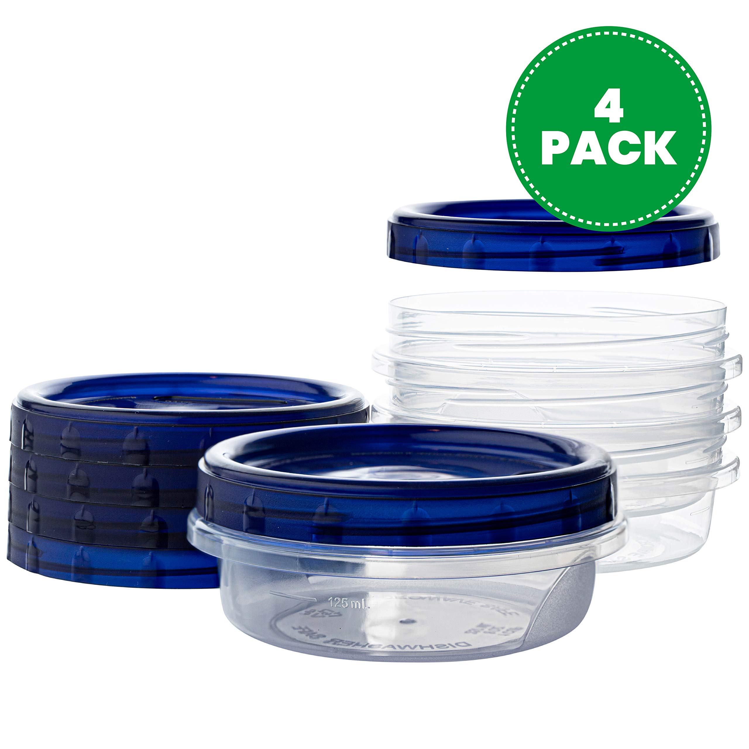 PLASTICPRO [8 oz 4 Pack] Deli Containers Clear bottom With blue Top Twist on Lids Reusable, Stackable, Food Storage Freezer Container