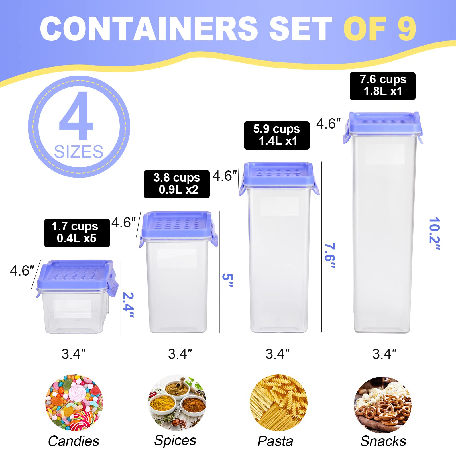 HOMER Airtight Food Storage Containers with Blue Lids - Plastic Airtight Storage Containers for Pantry - 9 PCS BPA Kitchen Organizers for Cereal,Pasta, Flour & Sugar - Labels & Marker