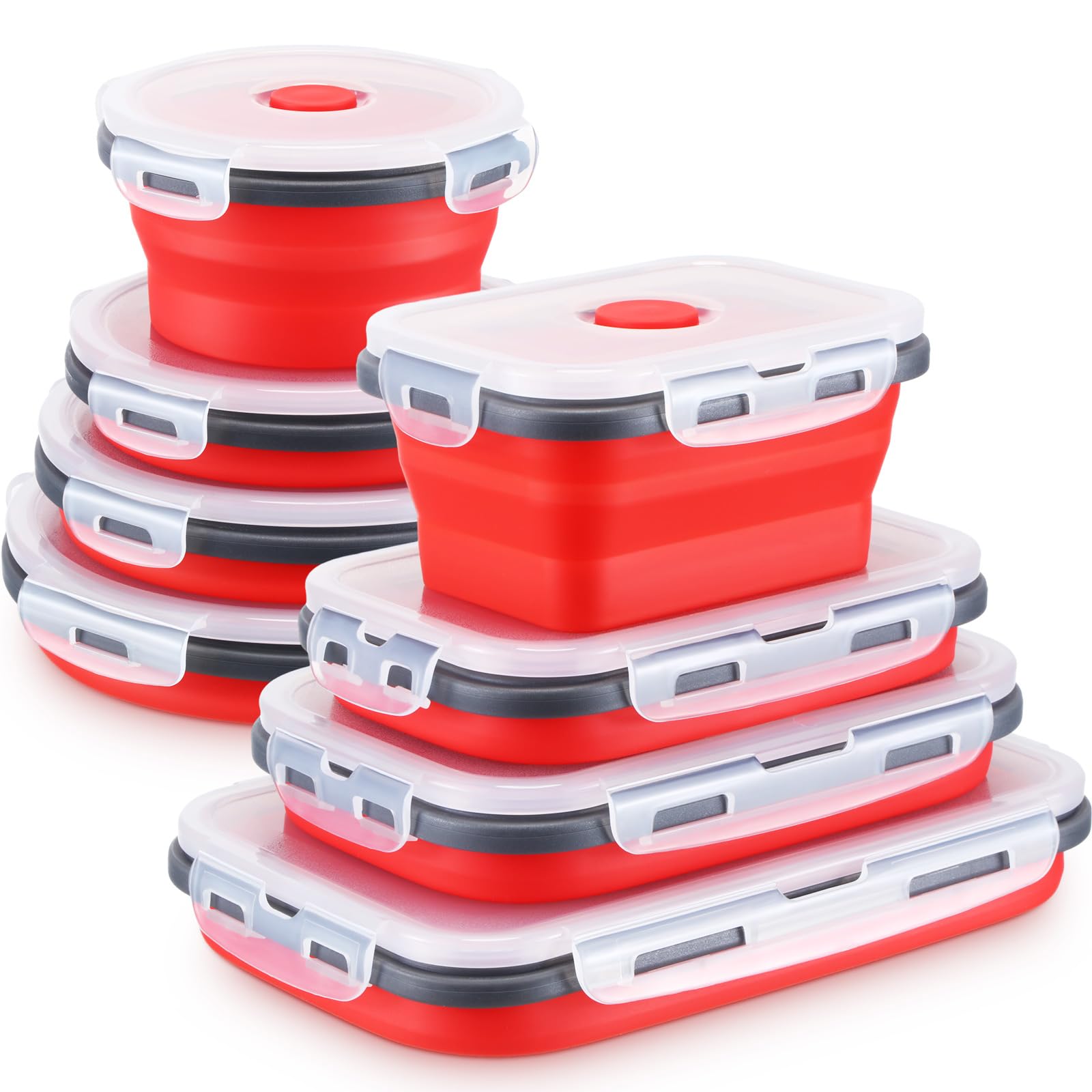 Dandat 16 Pcs Collapsible Food Storage, Silicone Food Storage Containers with Lids Including 8 Round Bowls, 8 Rectangle Bowls Collapsible Freezer Bowls Sets for Dishwasher Freezer Safe (Red)