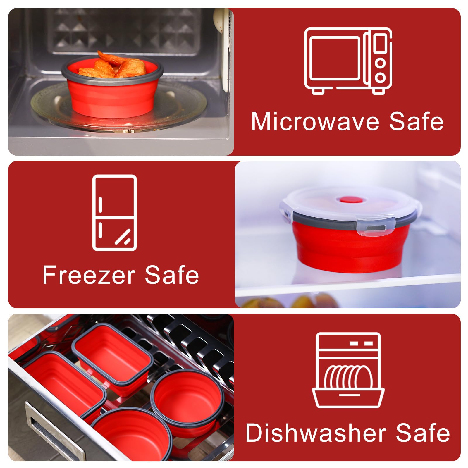 Dandat 16 Pcs Collapsible Food Storage, Silicone Food Storage Containers with Lids Including 8 Round Bowls, 8 Rectangle Bowls Collapsible Freezer Bowls Sets for Dishwasher Freezer Safe (Red)