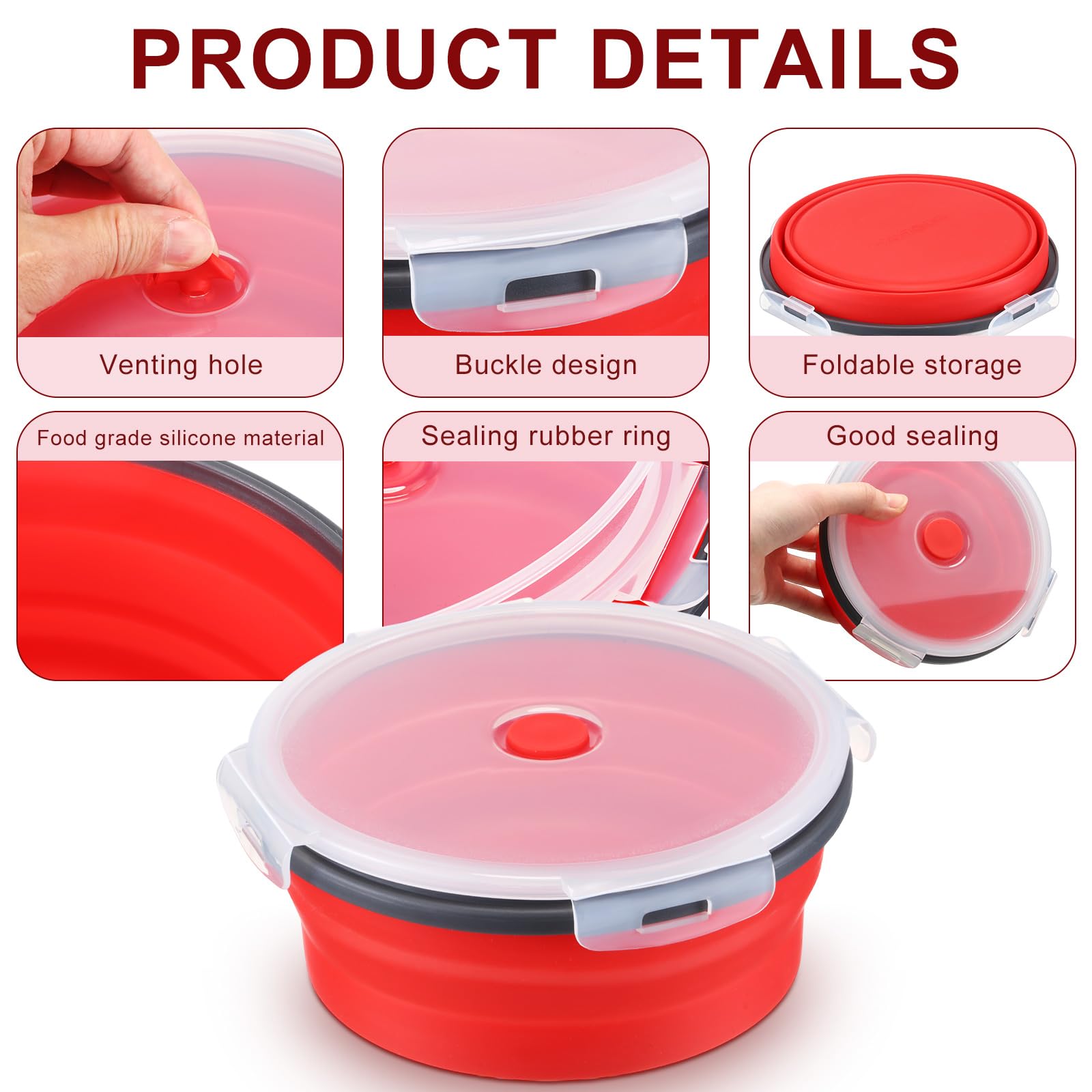 Dandat 16 Pcs Collapsible Food Storage, Silicone Food Storage Containers with Lids Including 8 Round Bowls, 8 Rectangle Bowls Collapsible Freezer Bowls Sets for Dishwasher Freezer Safe (Red)