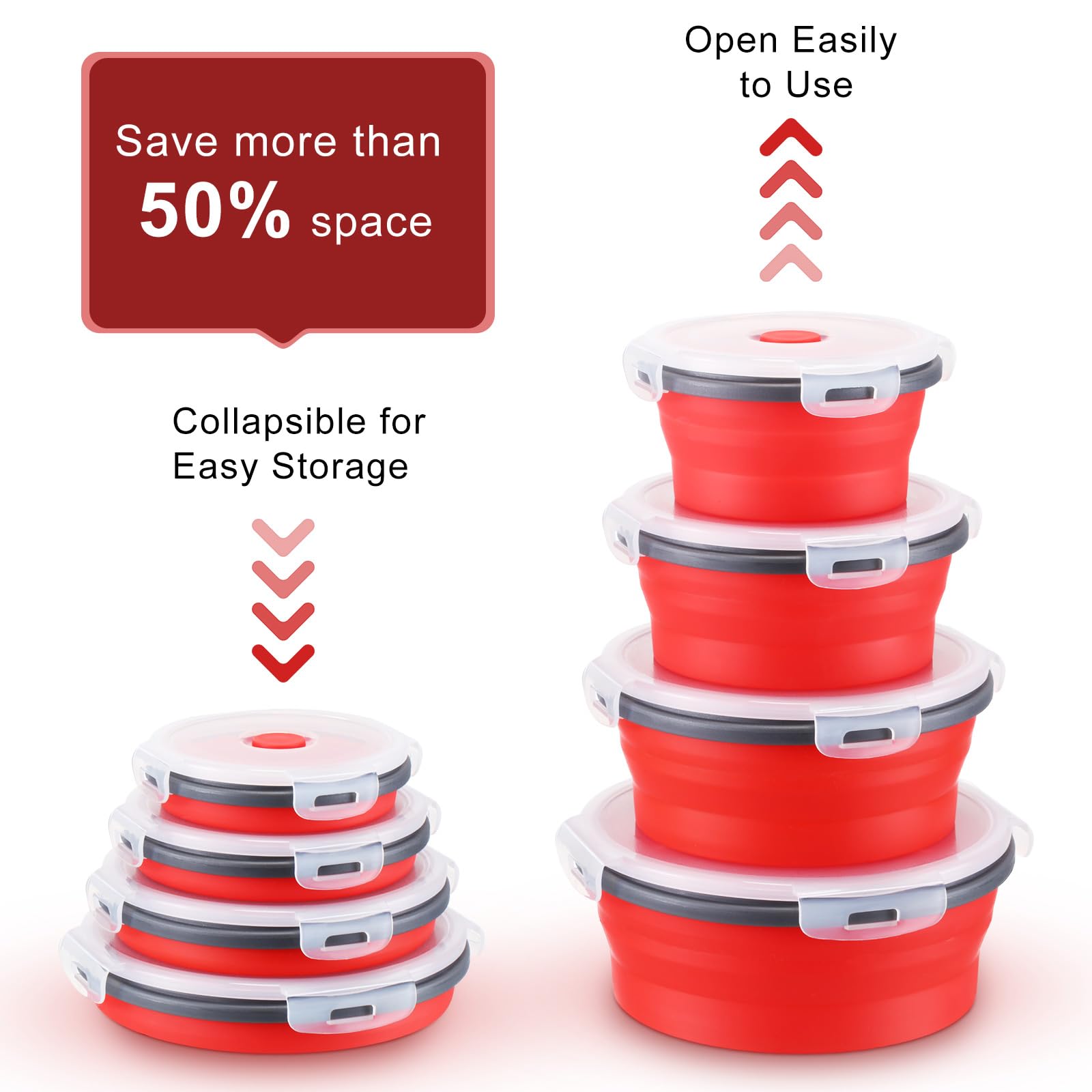 Dandat 16 Pcs Collapsible Food Storage, Silicone Food Storage Containers with Lids Including 8 Round Bowls, 8 Rectangle Bowls Collapsible Freezer Bowls Sets for Dishwasher Freezer Safe (Red)