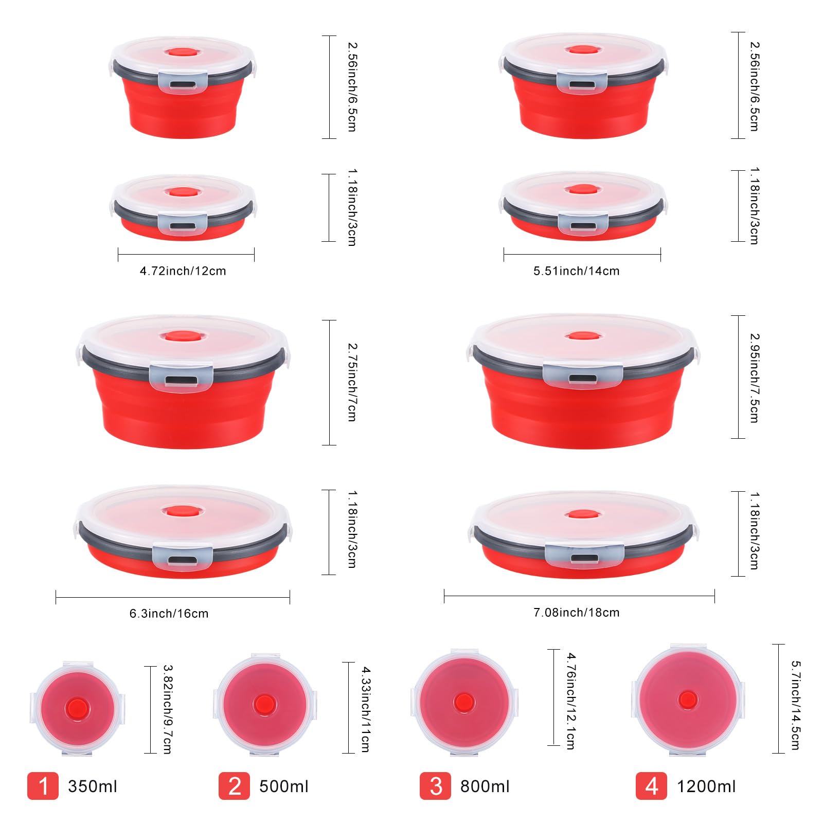 Dandat 16 Pcs Collapsible Food Storage, Silicone Food Storage Containers with Lids Including 8 Round Bowls, 8 Rectangle Bowls Collapsible Freezer Bowls Sets for Dishwasher Freezer Safe (Red)