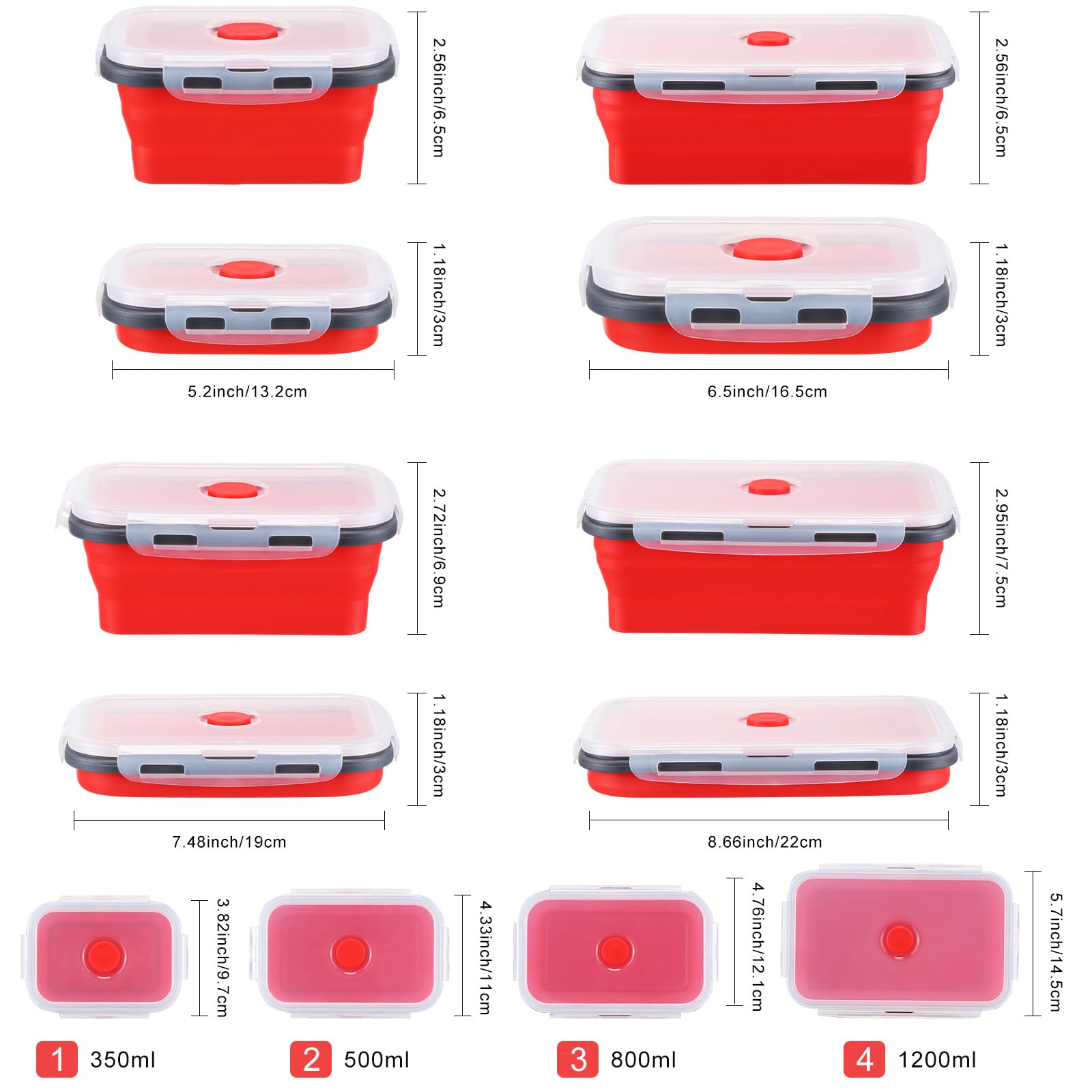 Dandat 16 Pcs Collapsible Food Storage, Silicone Food Storage Containers with Lids Including 8 Round Bowls, 8 Rectangle Bowls Collapsible Freezer Bowls Sets for Dishwasher Freezer Safe (Red)