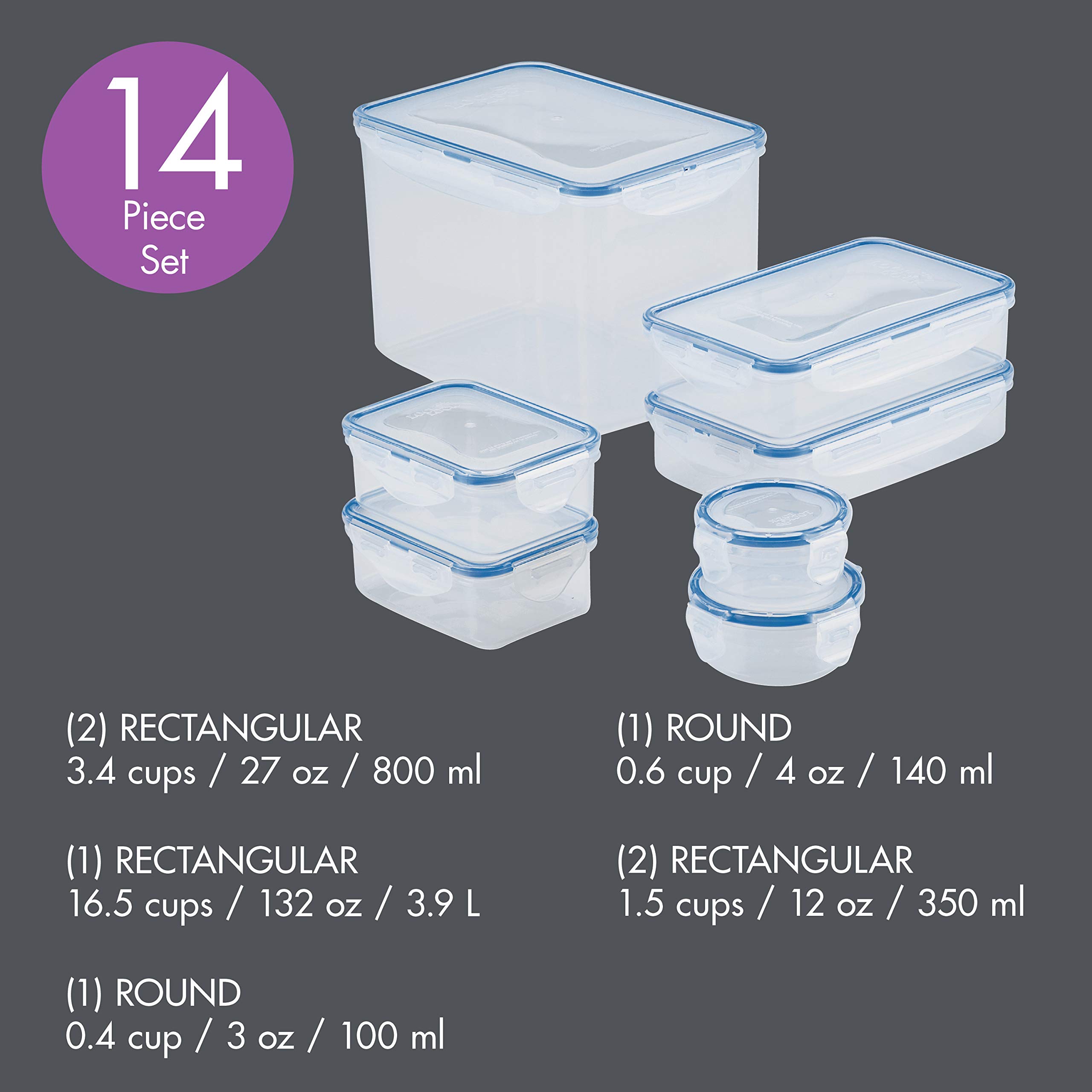 LOCK & LOCK Easy Essentials Food Storage lids/Airtight Plastic, containers, BPA Free, 14-Piece, Clear