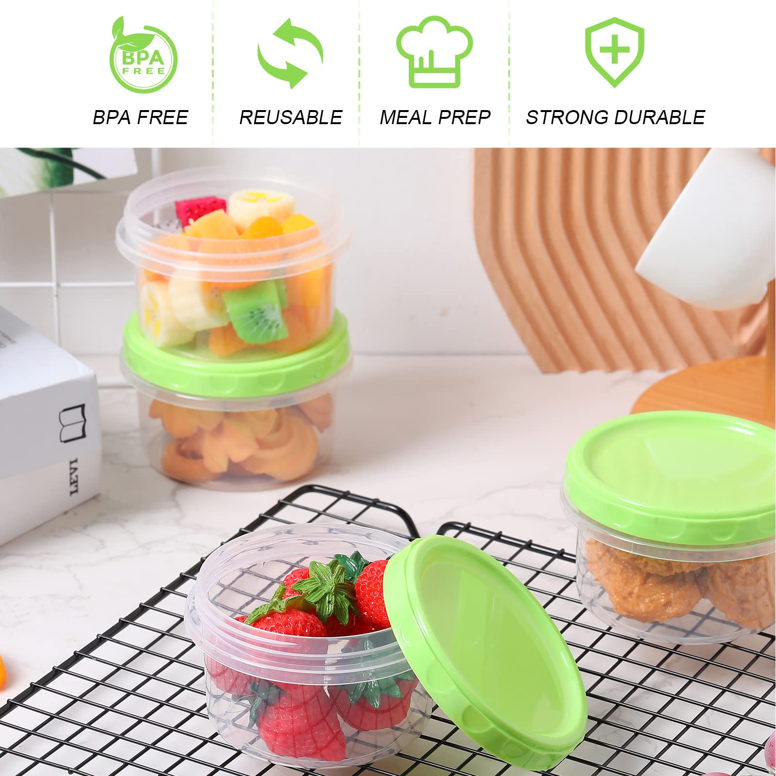 Sieral 36 Pack 8 oz/ 250 ml Freezer Containers with Lids Plastic Twist Top Deli Jars Reusable Freezer Storage Containers for Food Round Wide Mouth Lunch Snacks(Green)