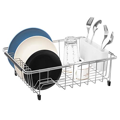 iPEGTOP Expandable Multifunctional Dish Drying Rack, Over The Sink, in Sink Or On Counter Dish Drainer Rack Organizer Shelf with White Utensil Silverware Holder, Rustproof Stainless Steel