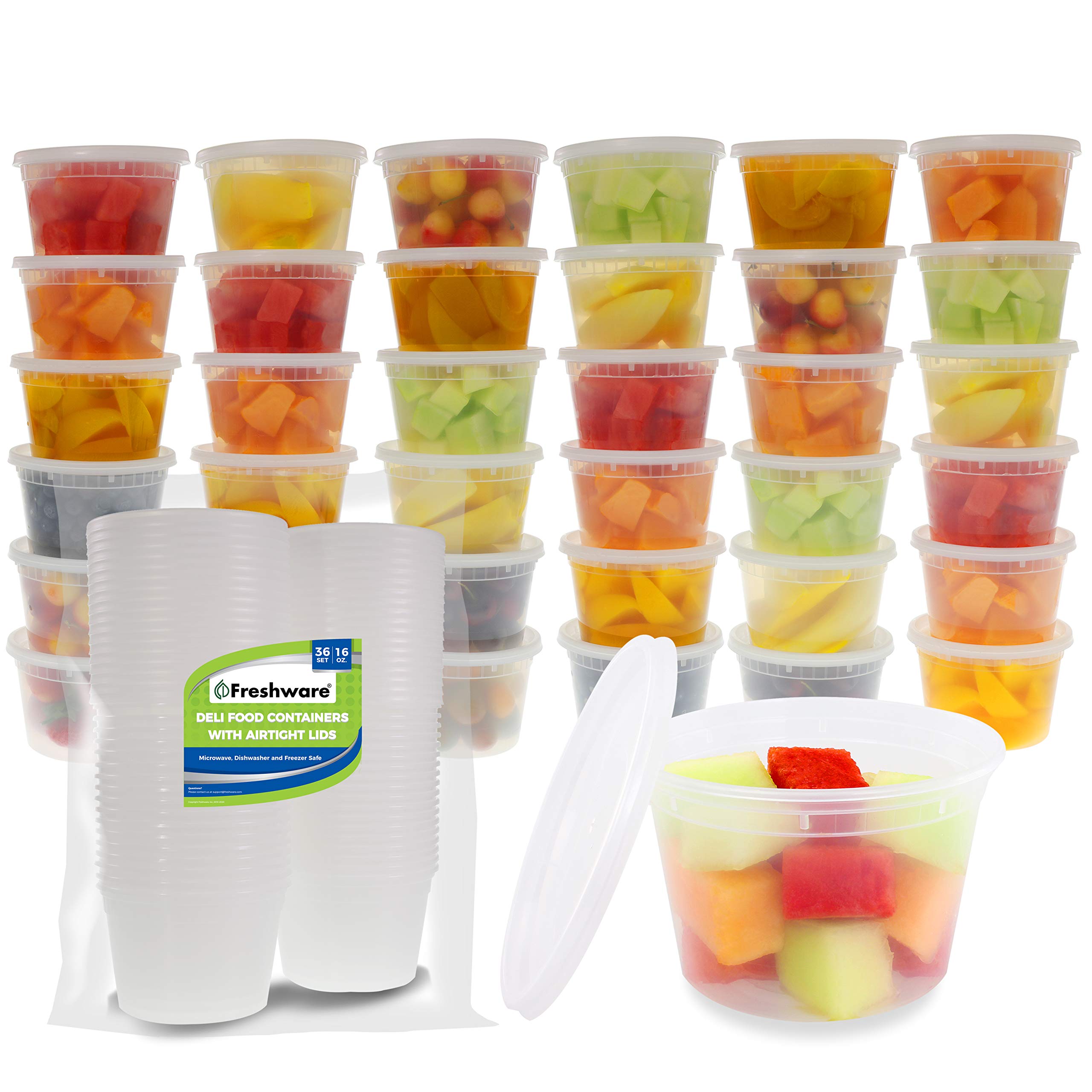 Freshware Food Storage Containers with Lids [24 Pack, 32oz] & Food Storage Containers with Lids [36 Pack, 16oz] - Plastic Containers, Deli, Slime, Soup, Meal Prep Containers | BPA Free