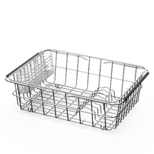 JAQ Dish Drainer in Sink Adjustable 14.96" to 20.59", Expandable 304 Stainless Steel Metal Dish Drying Rack Organizer with Stainless Steel Utensil Holder Over Inside Sink Counter