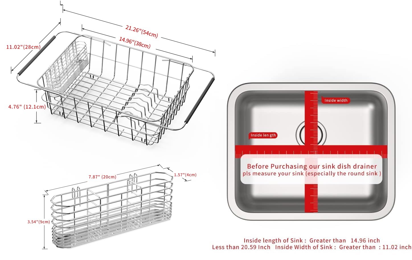 JAQ Dish Drainer in Sink Adjustable 14.96" to 20.59", Expandable 304 Stainless Steel Metal Dish Drying Rack Organizer with Stainless Steel Utensil Holder Over Inside Sink Counter