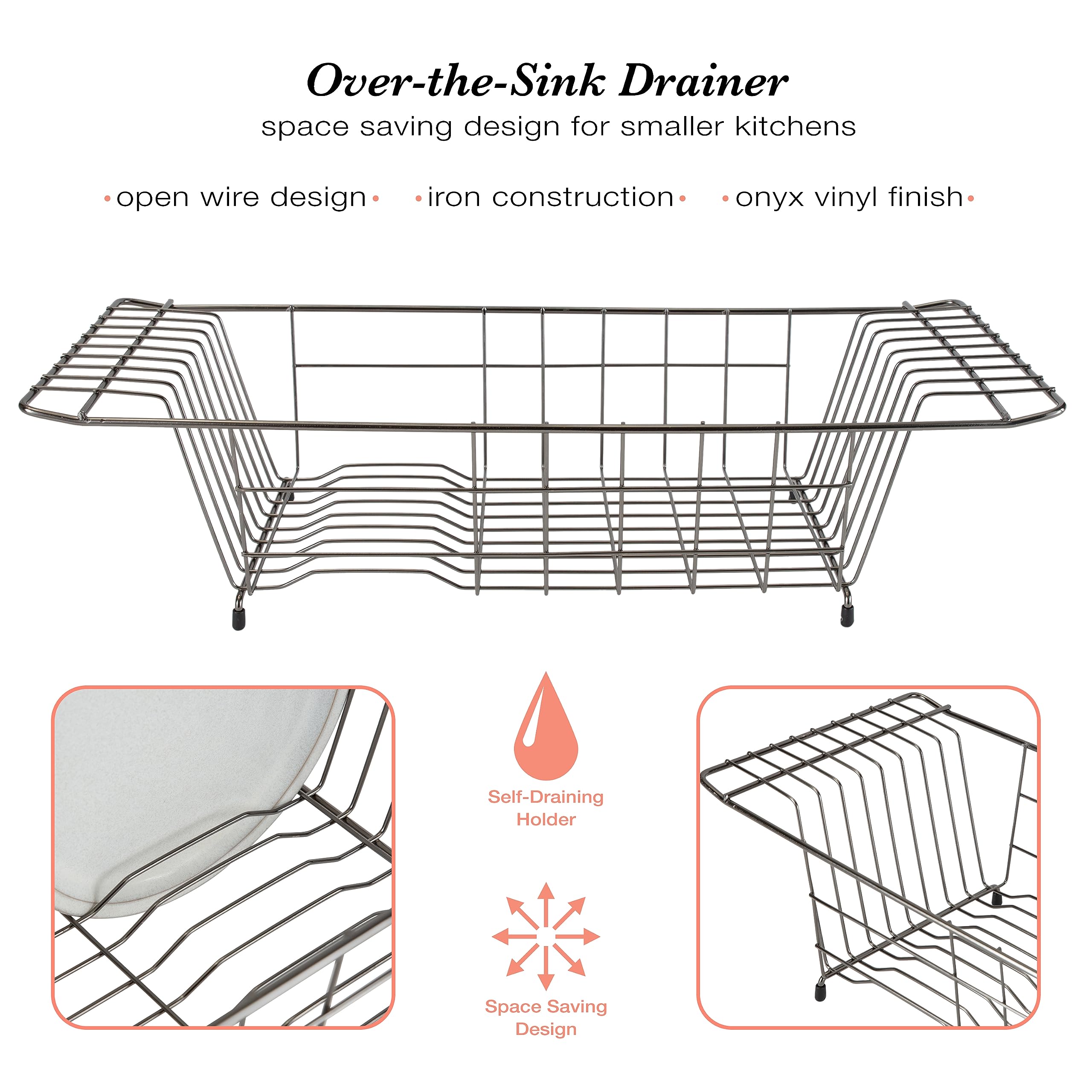 Kitchen Details Sink Dish Drainer Drying Rack | Dimensions: 19.88" x 8.07" x 4.92" | Space Saving | Fits Over Most Sinks | Durable | Onyx