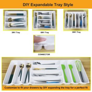 TUNGTAR Custom silverware drawer tray16'' expandable utensil holder tray for drawer utensil organizer kitchen Flatware Storage Drawer Dividers Holder 6in1 (White, Large),10.25 * 15.5'' 6IN1