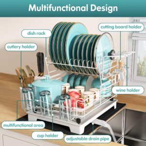 MAJALiS White Dish Drying Rack with Drainboard Set, Two Tier Large Dish Drainers with Drainage, Stainless Steel Dish Dryer Rack for Sink and Counter