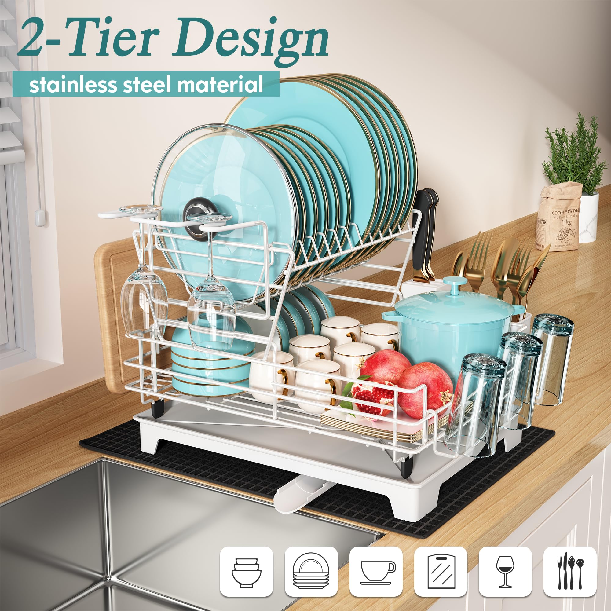 MAJALiS White Dish Drying Rack with Drainboard Set, Two Tier Large Dish Drainers with Drainage, Stainless Steel Dish Dryer Rack for Sink and Counter