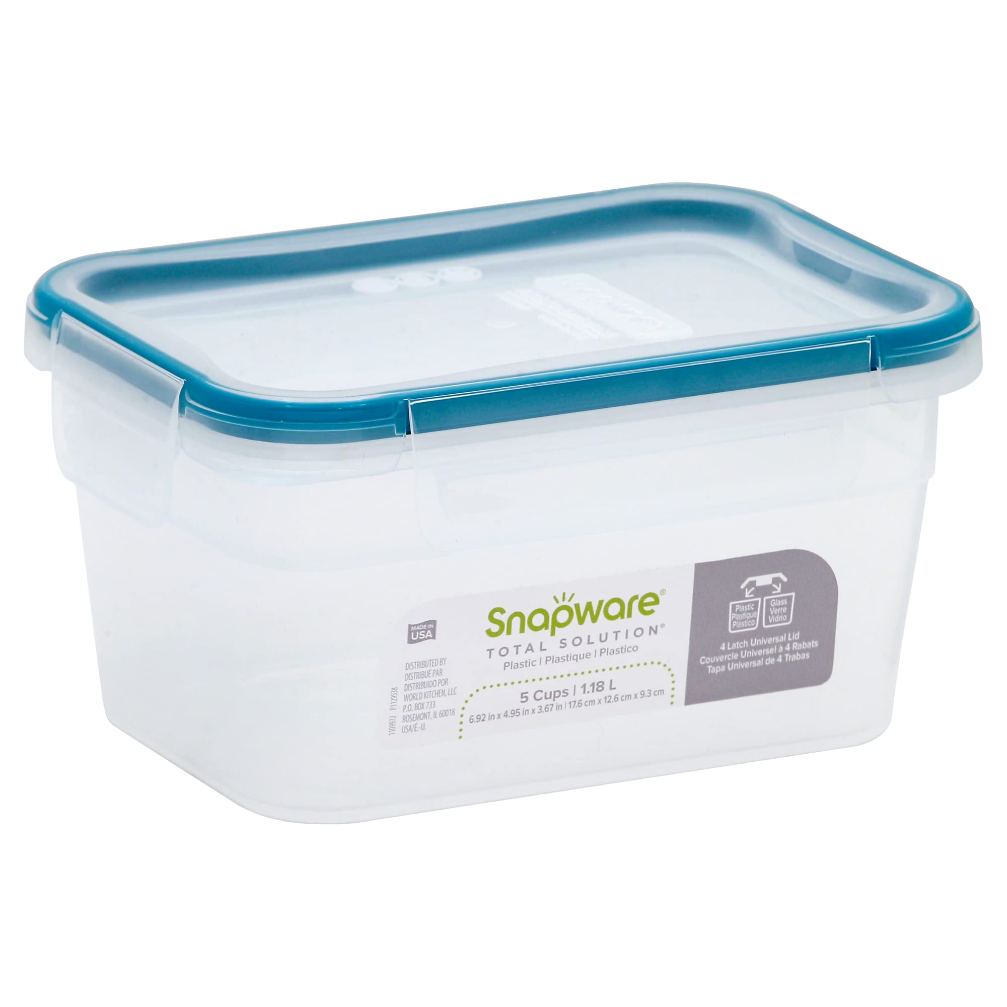 Snapware Total Solution 5-Cup Plastic Food Storage Container with Lid, 5-Cup Rectangular Meal Prep Container, Non-Toxic, BPA-Free Lid with 4 Locking Tabs, Microwave, Dishwasher, and Freezer Safe