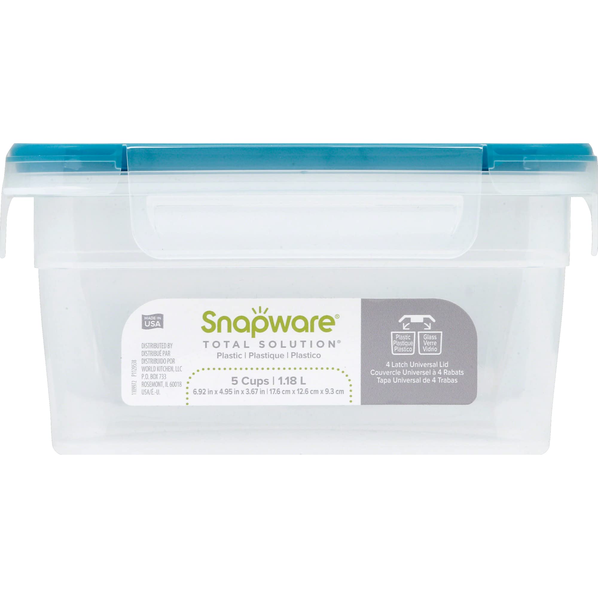 Snapware Total Solution 5-Cup Plastic Food Storage Container with Lid, 5-Cup Rectangular Meal Prep Container, Non-Toxic, BPA-Free Lid with 4 Locking Tabs, Microwave, Dishwasher, and Freezer Safe