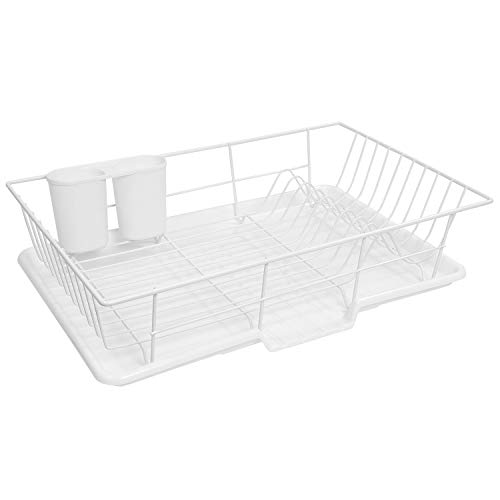 Sweet Home Collection Space-Saving 3-Piece Dish Drainer Rack Set: Efficient Kitchen Organizer for Quick Drying and Storage - includes Cutlery Holder and Drainboard - Maximize Countertop Space, White