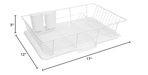 Sweet Home Collection Space-Saving 3-Piece Dish Drainer Rack Set: Efficient Kitchen Organizer for Quick Drying and Storage - includes Cutlery Holder and Drainboard - Maximize Countertop Space, White