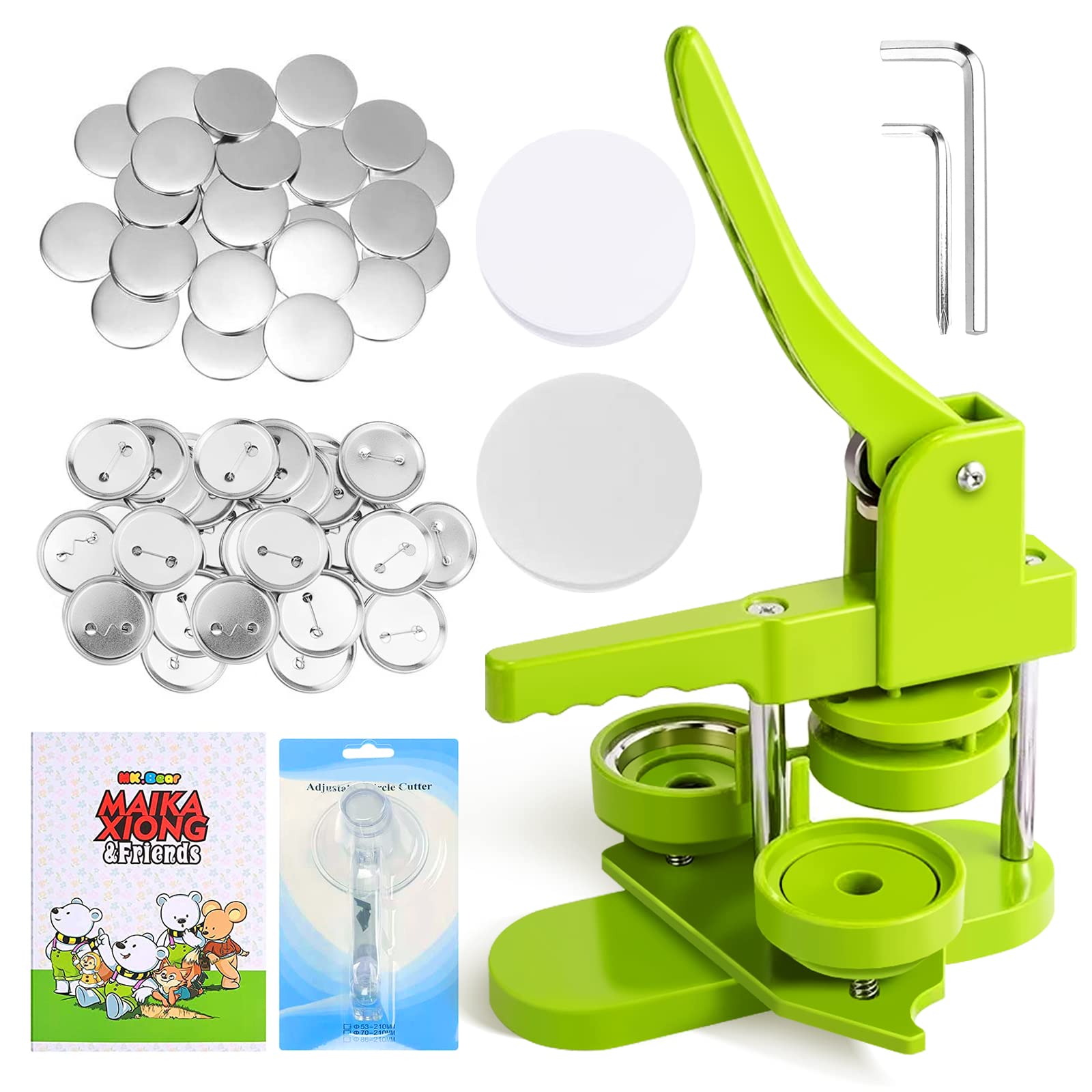 Button Maker Machine 58mm Pin Badge Maker Installation-Free DIY Pin Badge Button Maker Press Machine Badge Punch Press with Free 100pcs Button Parts Pictures Circle Cutter Magic Book