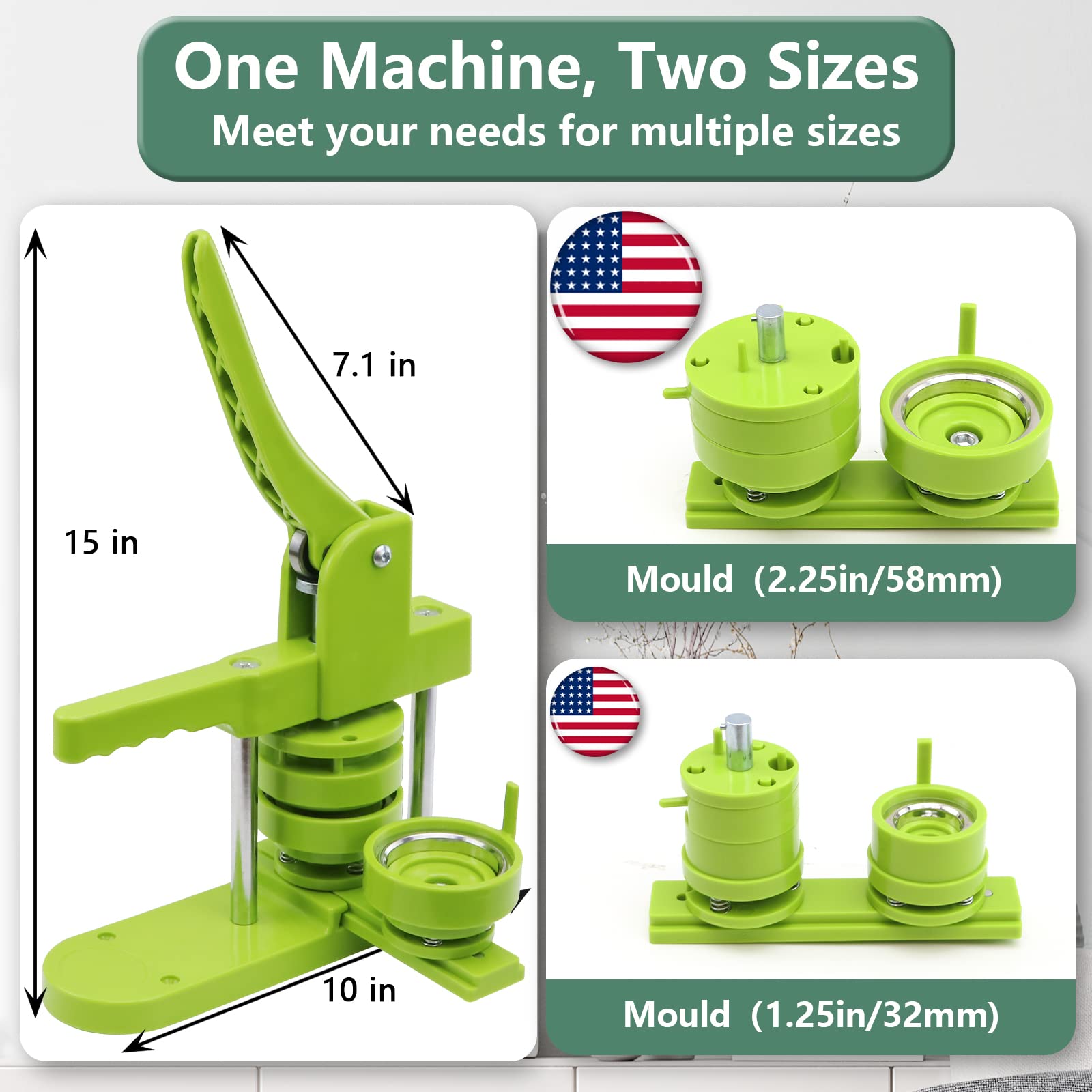 Happizza Button Maker Machine Multiple-Sizes - Pin Maker Machine 1.25 inch+2.25 inch, Interchangeable Button-models Badge Button Press Machine with 200 Sets 32+58mm Button Maker Supplies&Circle Cutter