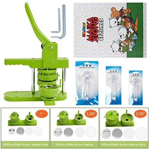 Aiment Button Maker Machine Multiple Sizes 600Pcs, Photo Pin Badge Maker 1+1.25+2.25 inch for Kids, Button Press Machine with 600 Sets Button Making Supplies & Cutter & Magic Book (Green, 25/32/58mm)