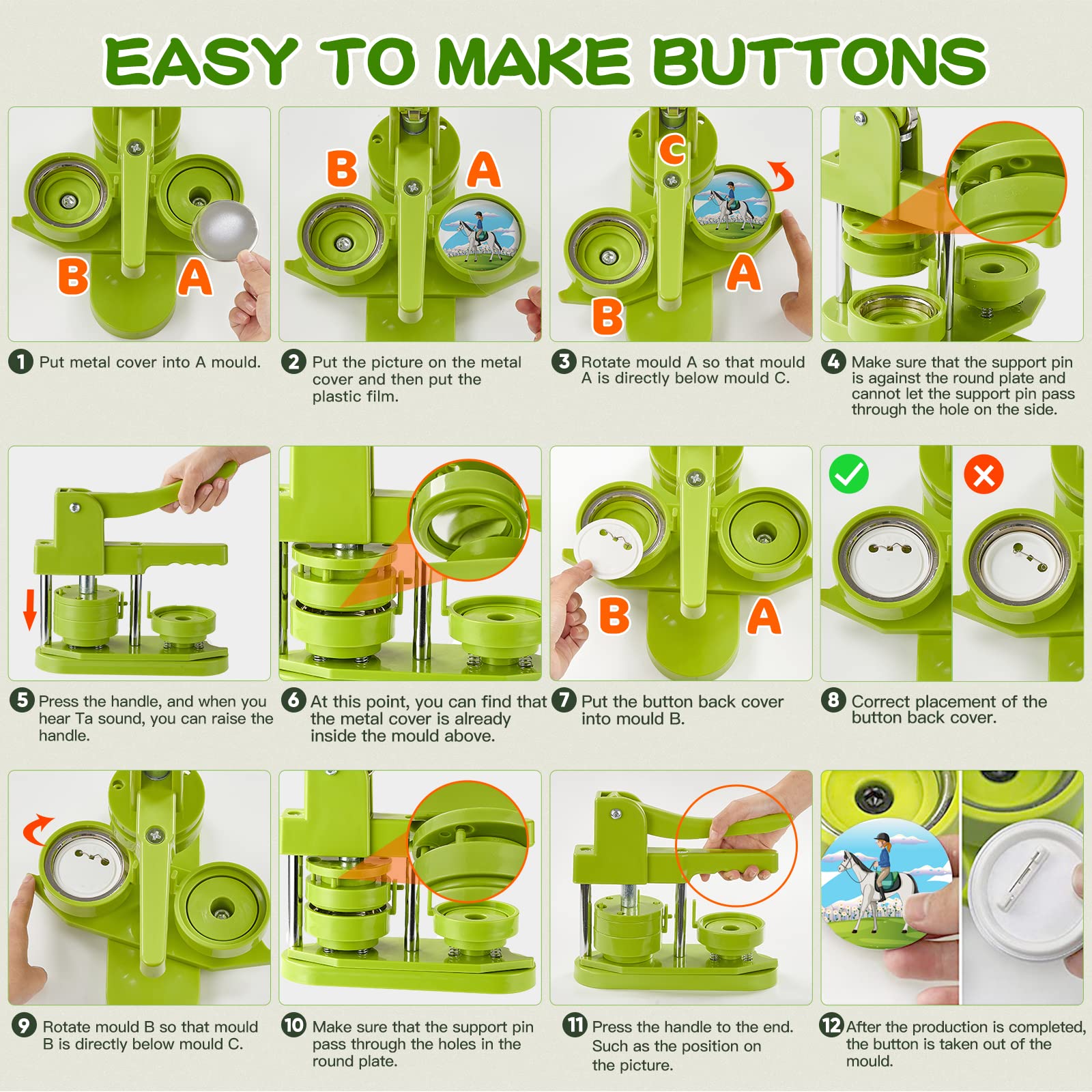 Alldeer Button Maker Machine 25mm - Installation-Free 0.98 in (about 1 Inch) DIY Pin Badge Button Maker Press Machine,Badge Punch Press Button Maker Kit with Free 50pcs Button Parts(Green)