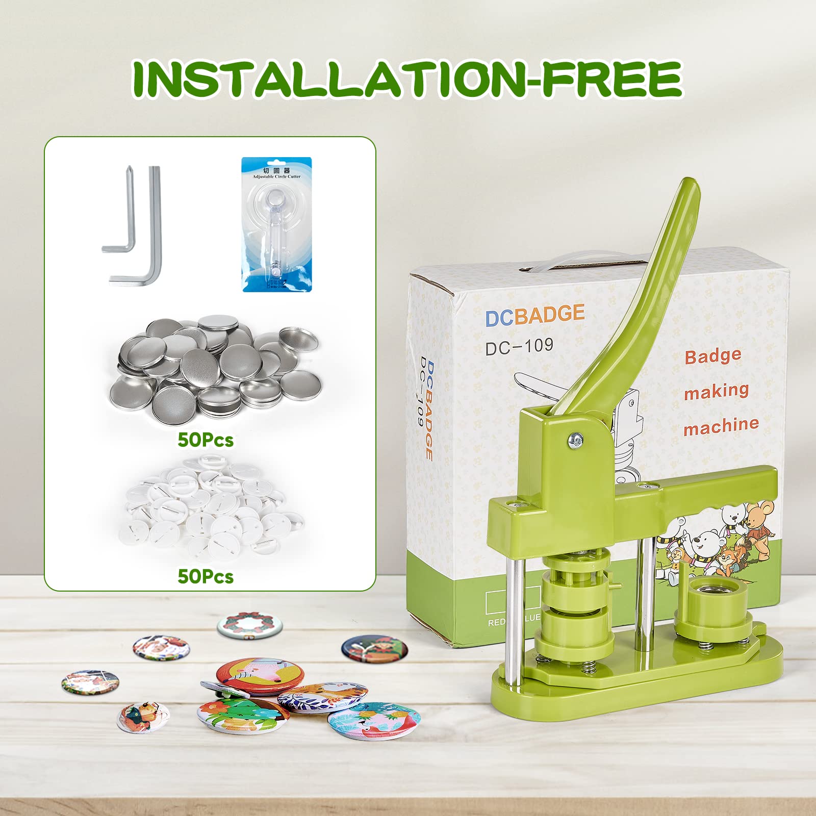 Alldeer Button Maker Machine 25mm - Installation-Free 0.98 in (about 1 Inch) DIY Pin Badge Button Maker Press Machine,Badge Punch Press Button Maker Kit with Free 50pcs Button Parts(Green)