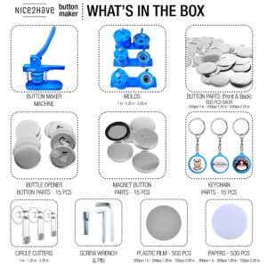 Nice2Have Button Maker Machine Multiple Sizes 1-1.25-2.25in (500 Buttons,15 Bottle Openers,15 Fridge Magnets,15 Keychain Buttons, 500+ Free Designs,3 Circle Cutters) - Pin Maker Machine