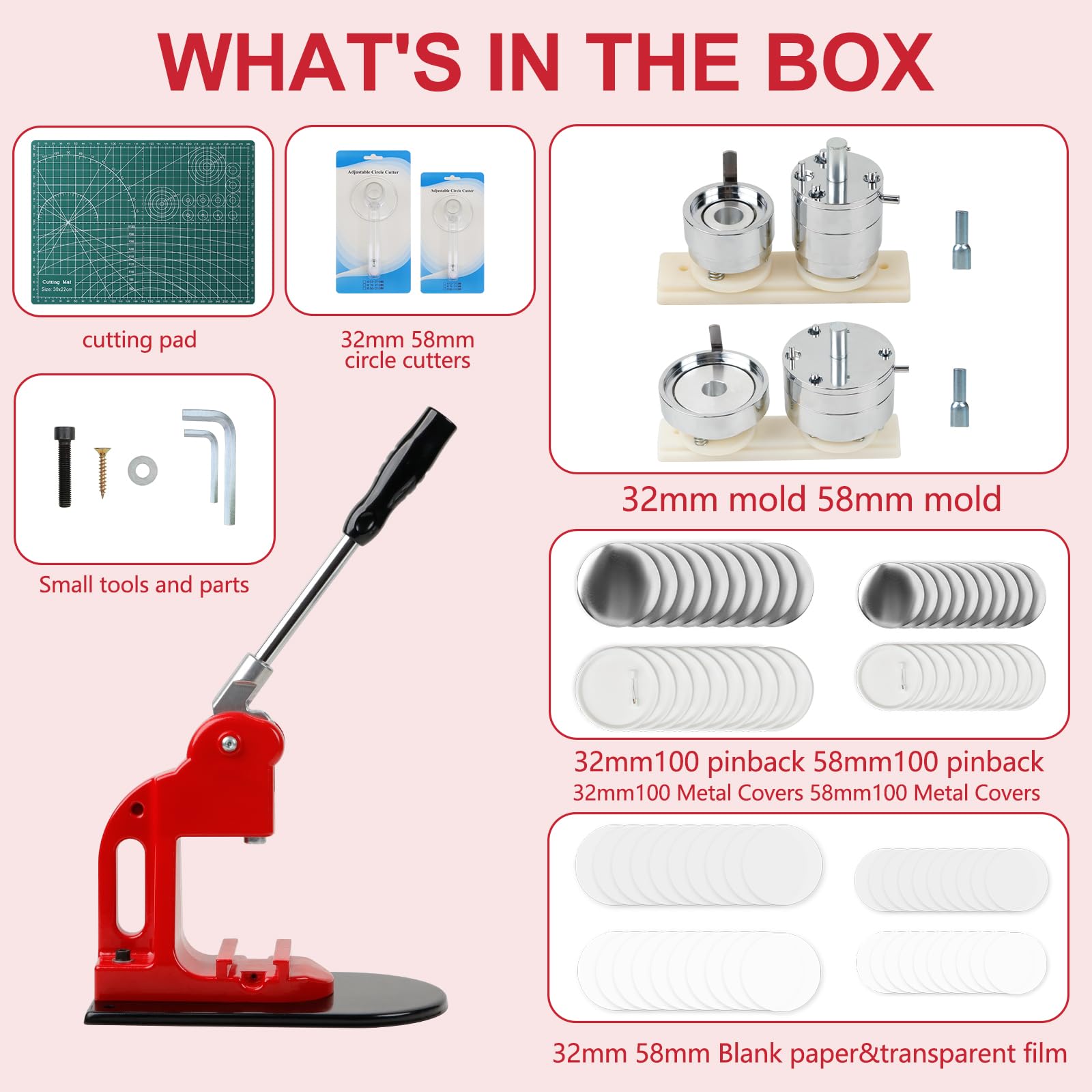 MK.Bear Button Maker Machine Multiple Sizes, Pin Maker Button Machine 1.25+2.25 Inch (32+58mm), DIY Button Press Machne Kit with 200 Button Parts Supplies, Comes with Circle Cutter and Cutting Mat