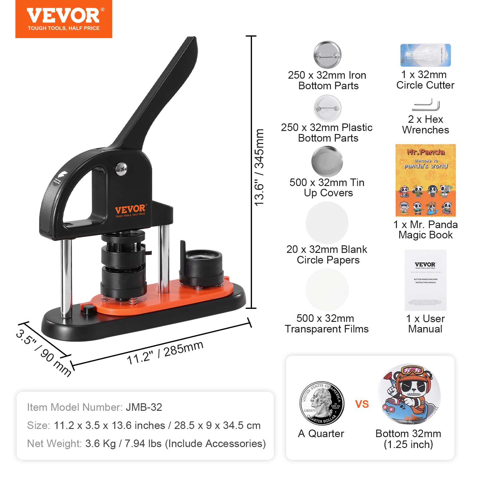 VEVOR Button Maker, 1.25 inch/32mm Pin Maker with 500pcs Button Parts, Ergonomic Arc Handle Punch Press Kit, Button Maker Machine with Panda Magic Book, for Children DIY Gifts and Christmas