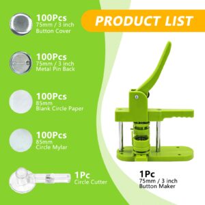 Button Maker Machine 75mm, 3-inch Green Badge Pin Press Button Making Kit with 400Pcs Free Blank Round Button Parts Metal Pin Back & Picture Paper & Plastic Mylar & Cutter, for DIY Keepsake Gift