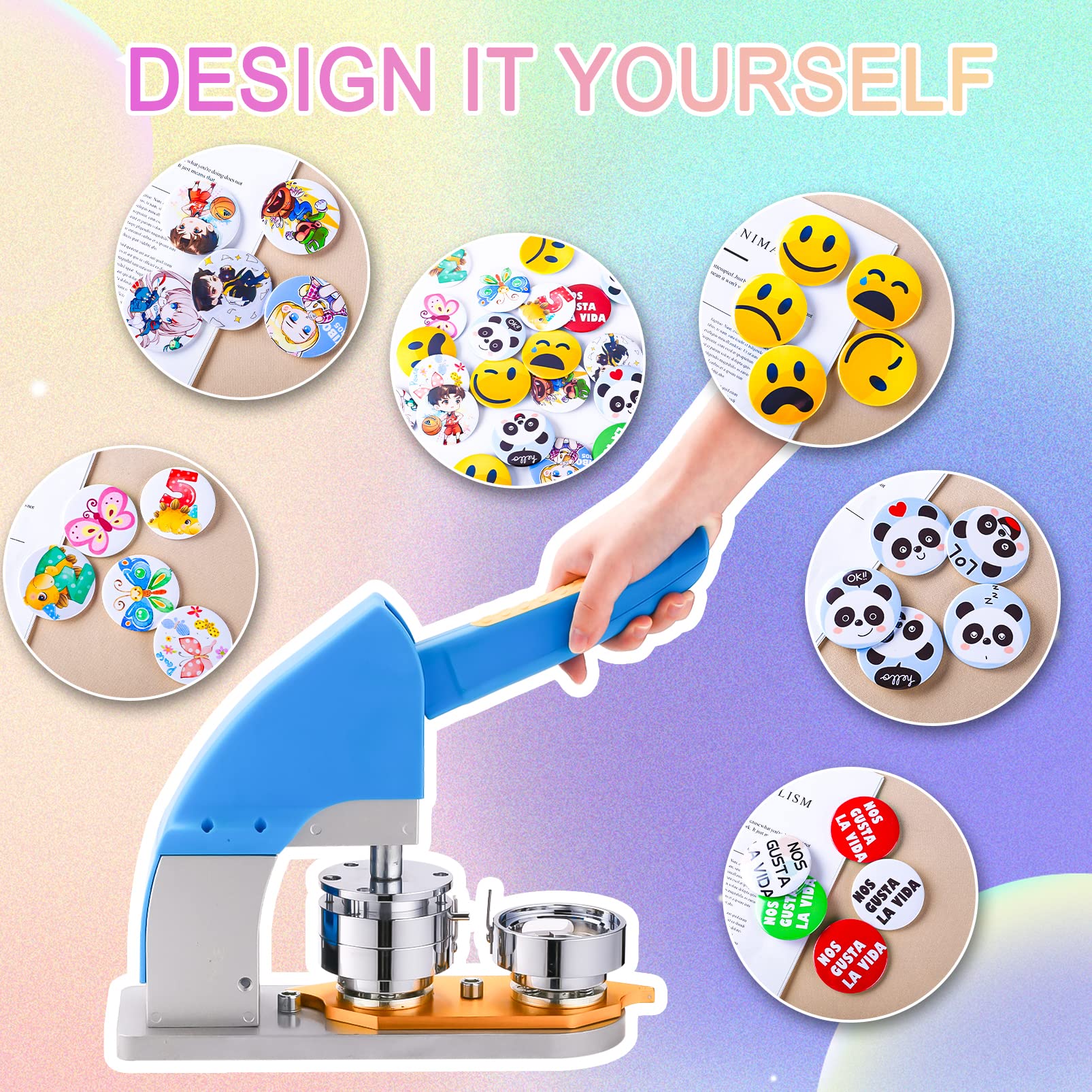 Button Maker Machine 58mm(2.25in) Installation-Free DIY Pin Badge Button Maker Press Machine Button Round Badge Maker Punch Press Machine with 100 Set Button Parts&Circle Cutter &Cutting Plate&Spanner