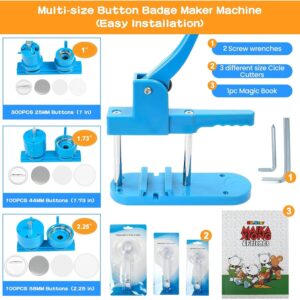 Alldeer Button Maker Machine Multiple Sizes, 1+1.73+2.25 inch Button Maker with 500 Sets Button Making Supplies for Kids, Magic Book, Cutter Machine Badge Pin Press 25+44+58mm Button Press Machine