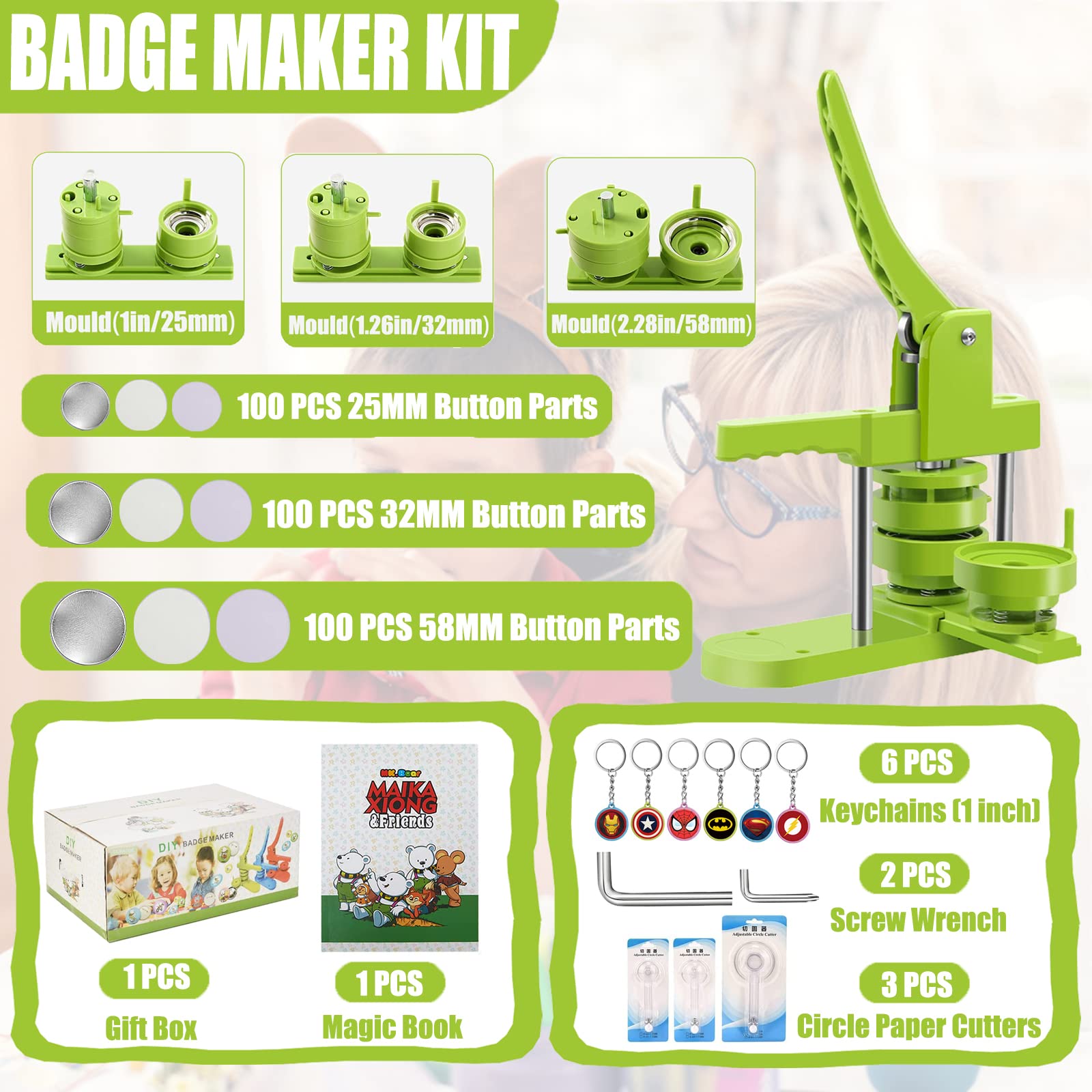 Button Maker Machine Multiple Sizes 1+1.25+2.25 inch, DIY Button Badge Maker Button Press Machine with 300Pcs Button Maker Supplies & Cutter & Keychains & Magic Book for Kids Button Maker Machine Gift