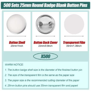 1500 Pieces 25 mm/ 1 Inch Button Making Supplies Round Badge Blank Button Pins Metal Button Parts Kit for Button Maker Machine, Including Metal Cover Back Cover and Clear Film