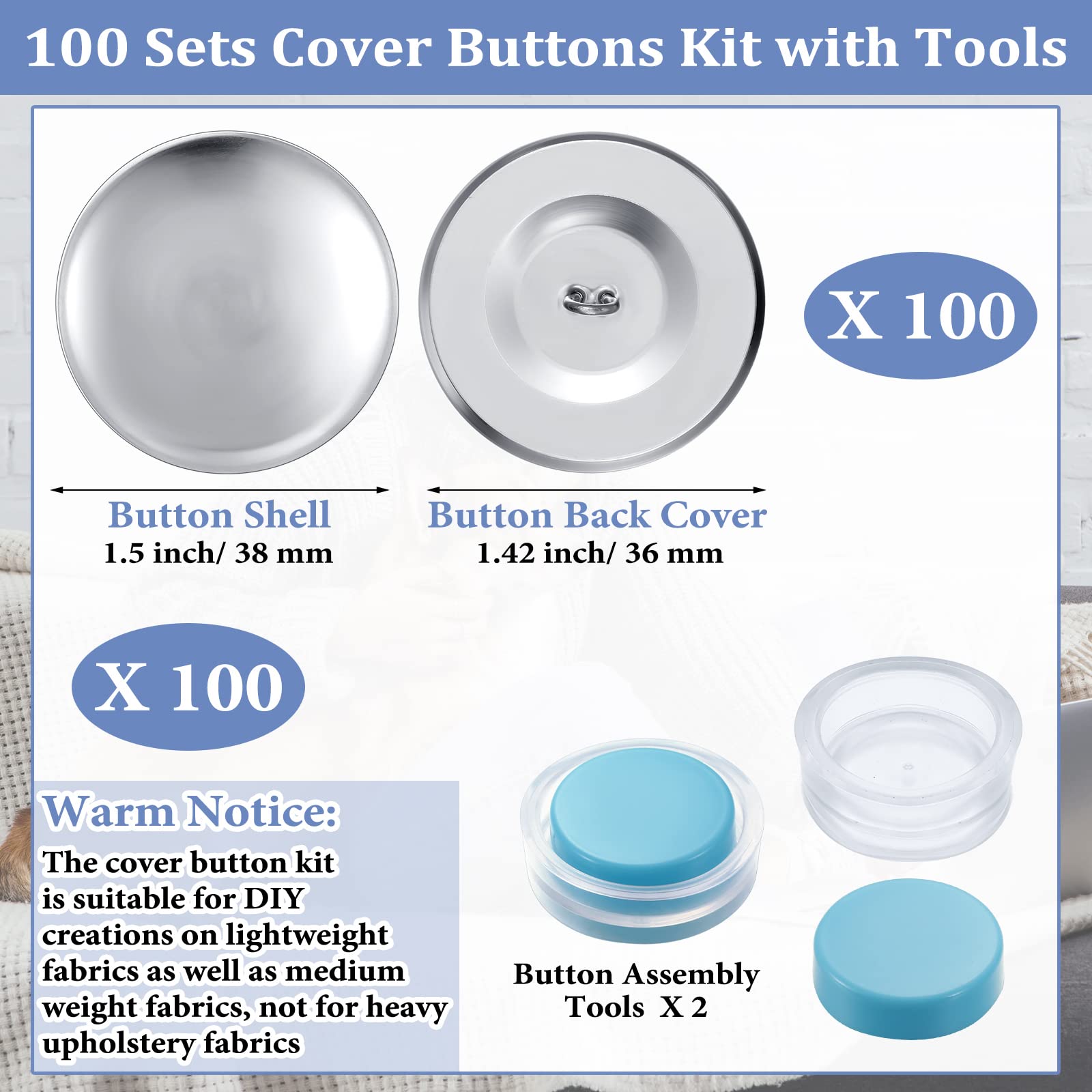 100 Sets Cover Buttons Kit with Tools Size Buttons to Cover Self Cover Buttons with Wire Backs DIY Fabric Cloth Cover Buttons (Size 60/1.5 Inch)