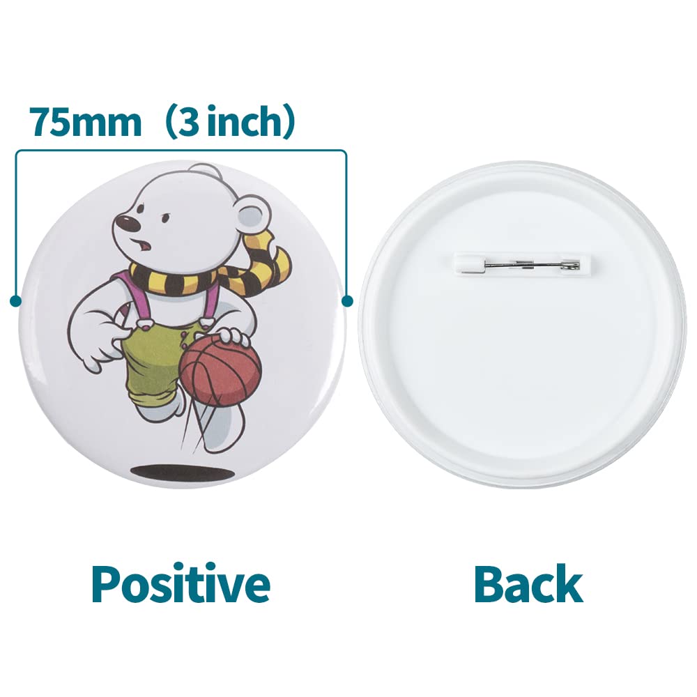 Happizza 100 Sets 75mm(3 inch) Button Parts for Button Maker Machine 75mm, Round Badge Button Making Supplies Blank Pin Back, includes Metal Cover, Plastic Button Back Cover, Clear Film&Blank Paper