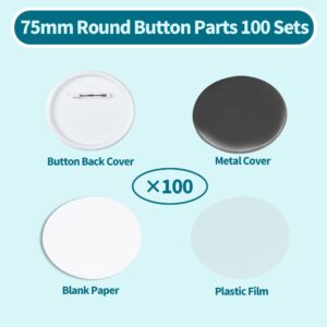 Happizza 100 Sets 75mm(3 inch) Button Parts for Button Maker Machine 75mm, Round Badge Button Making Supplies Blank Pin Back, includes Metal Cover, Plastic Button Back Cover, Clear Film&Blank Paper