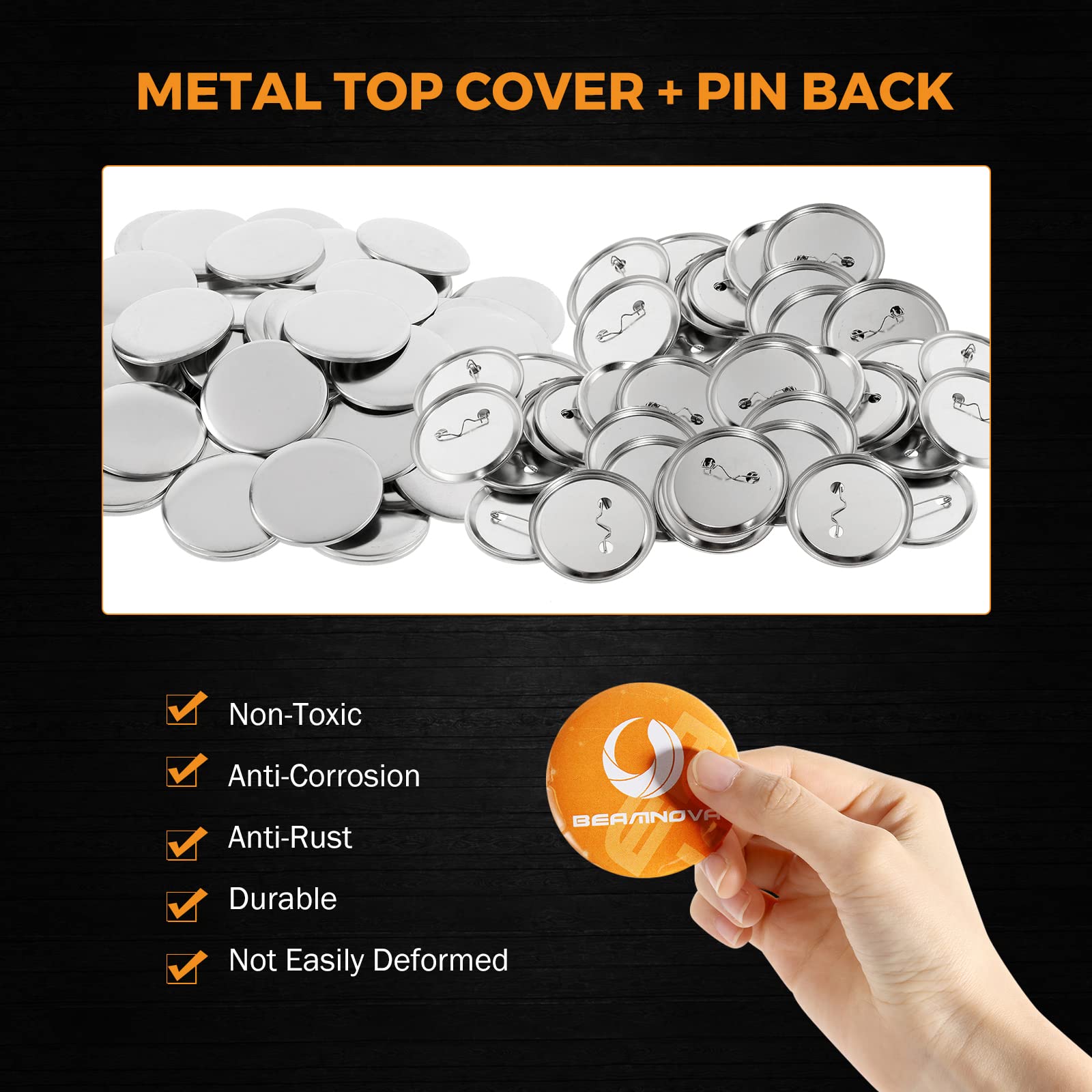 BEAMNOVA 100 Sets of Metal Button Supplies Blank 58mm / 2.28 in (Approx. 2-1/4 inch) for Button Maker Machine, Slick Metallic Back, Badge Making Parts Round DIY Pin Maker