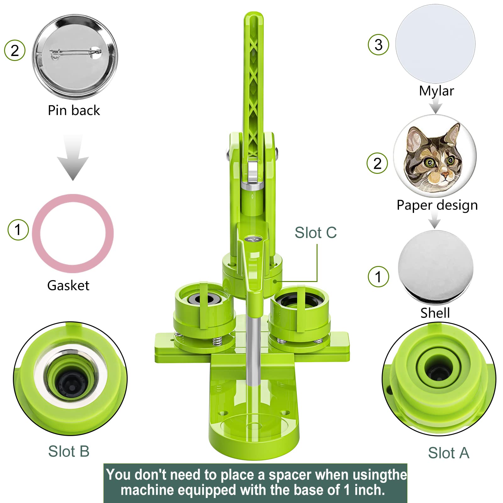 Button Maker Machine Multiple Sizes - 1+1.25+2.25 Inch Pin Maker Machine SuFly DIY Push Pull Button Press with DIY Button, Metal Shell, Pin Backs, Clear Film