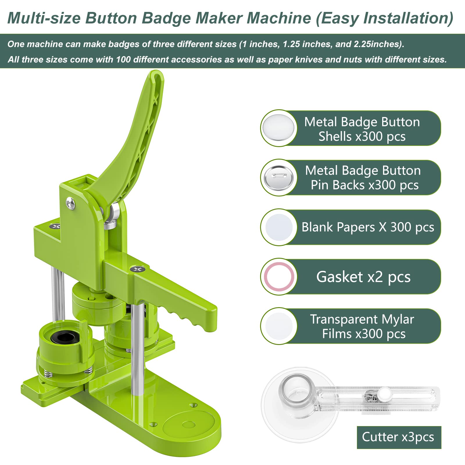 Button Maker Machine Multiple Sizes - 1+1.25+2.25 Inch Pin Maker Machine SuFly DIY Push Pull Button Press with DIY Button, Metal Shell, Pin Backs, Clear Film