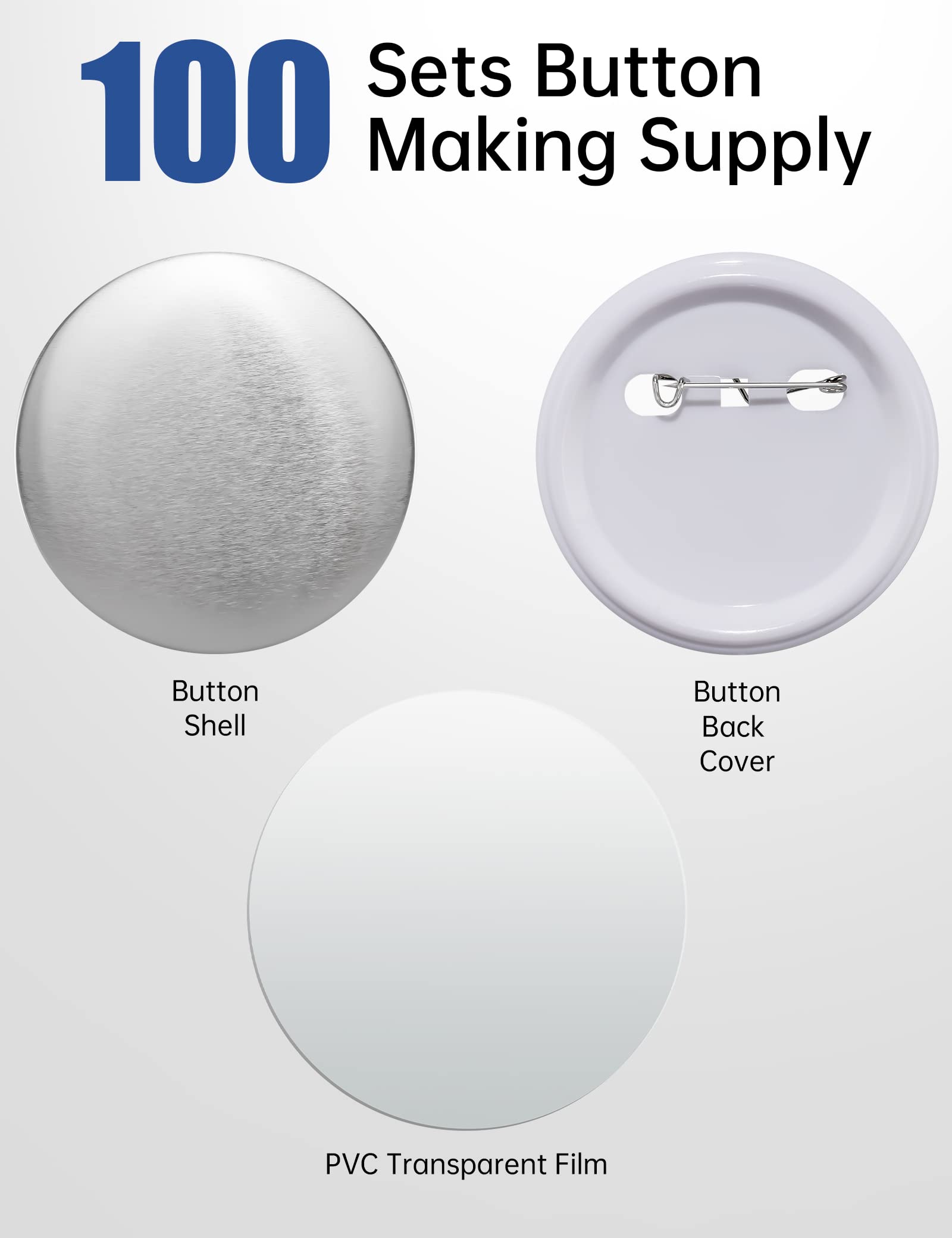 NiArt Blank Button Making Supplies 100pcs 75mm/3in Round Badge Button Parts, Metal Pin Badge Kit for Button Maker Machine with Clear Film