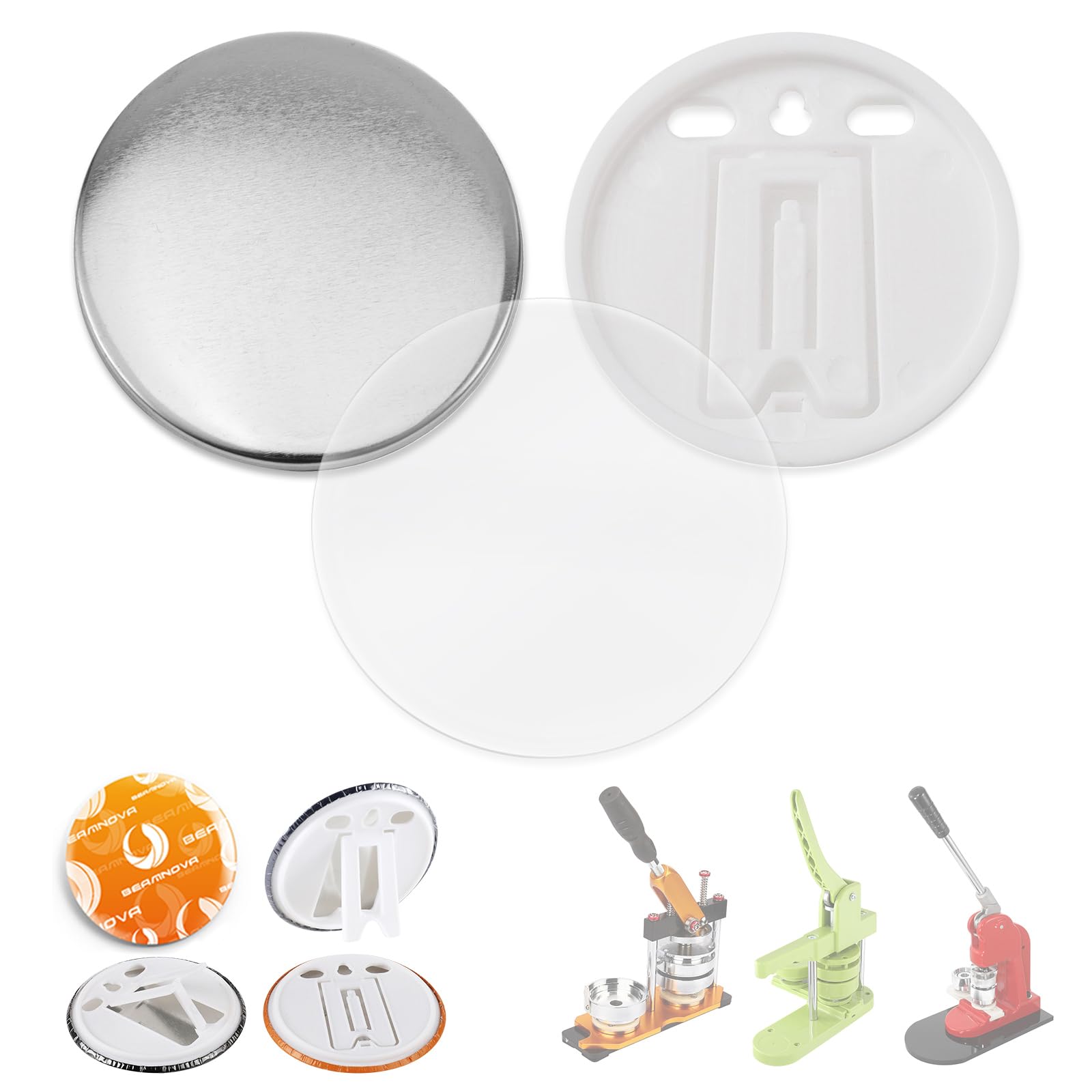 BEAMNOVA 100 Sets of Button Parts Supplies 58mm / 2.28 in (Approx. 2-1/4 inch) Easel-Backed for Button Maker Machine Round Badge Maker, Every Set Includes Metal Top, Easel-Back Bottom & Plastic Film