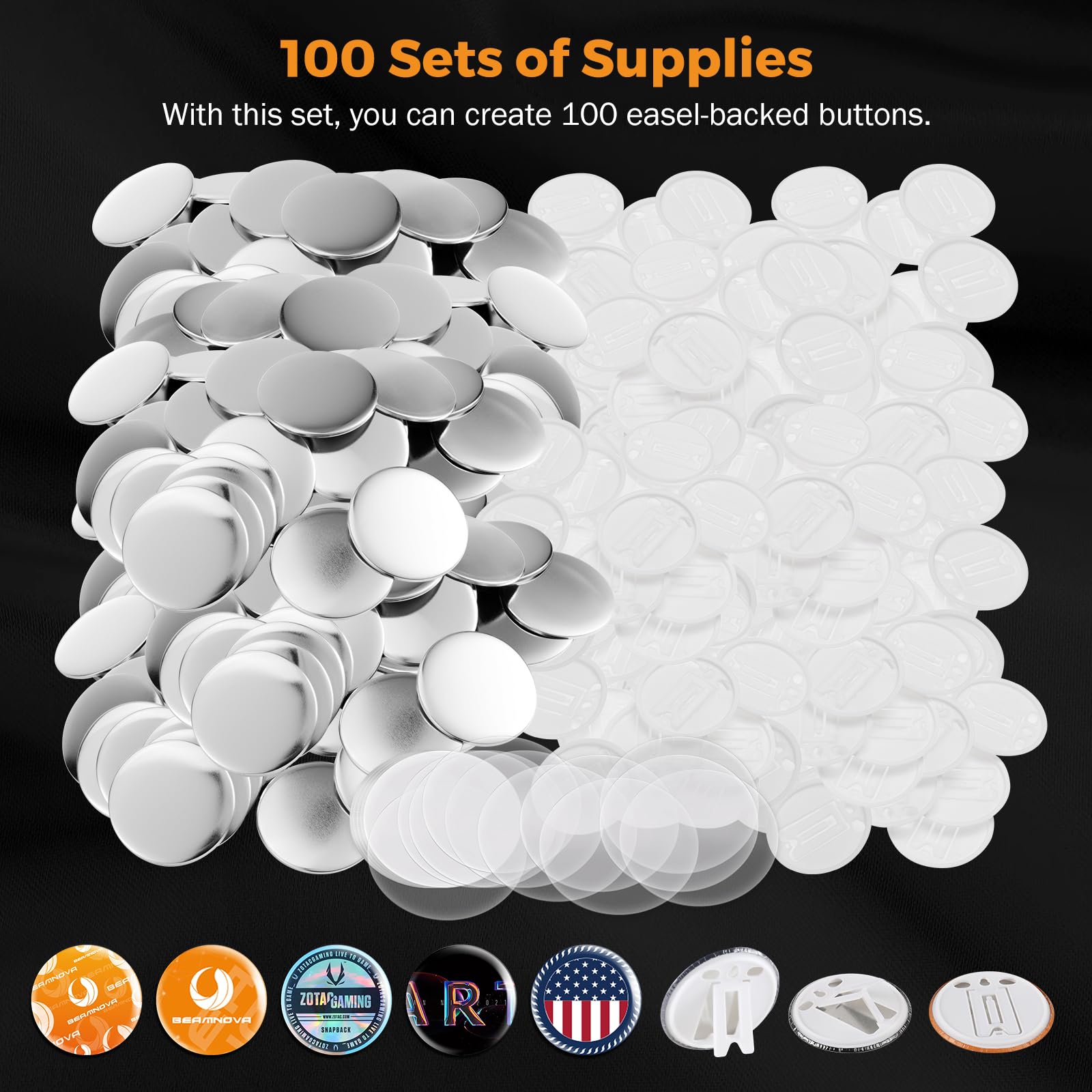 BEAMNOVA 100 Sets of Button Parts Supplies 58mm / 2.28 in (Approx. 2-1/4 inch) Easel-Backed for Button Maker Machine Round Badge Maker, Every Set Includes Metal Top, Easel-Back Bottom & Plastic Film