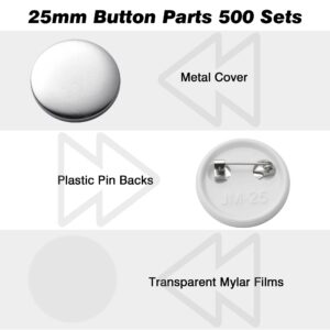 Yescom 500pcs Blank Button Making Supplies Round Pin Badge Parts Metal Kit for Button Maker Machine DIY(1",25mm)