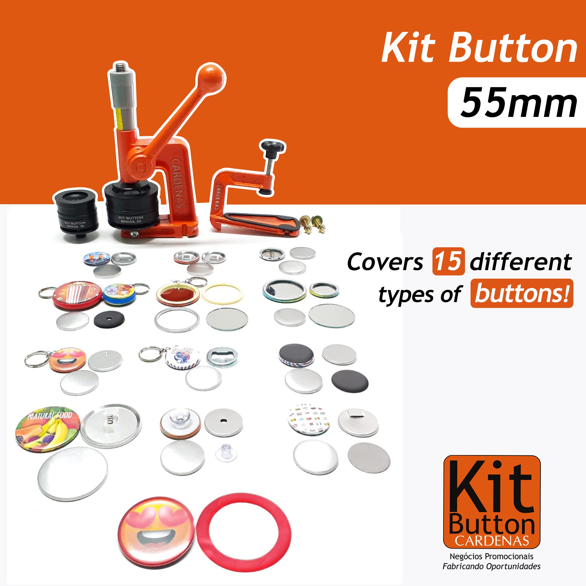 Cardenas - Kit Button Maker Machine - Button Maker Mold, DIY Button Pin Maker Machine - with 100 buttons, Orange, 2 1/8" (55mm)