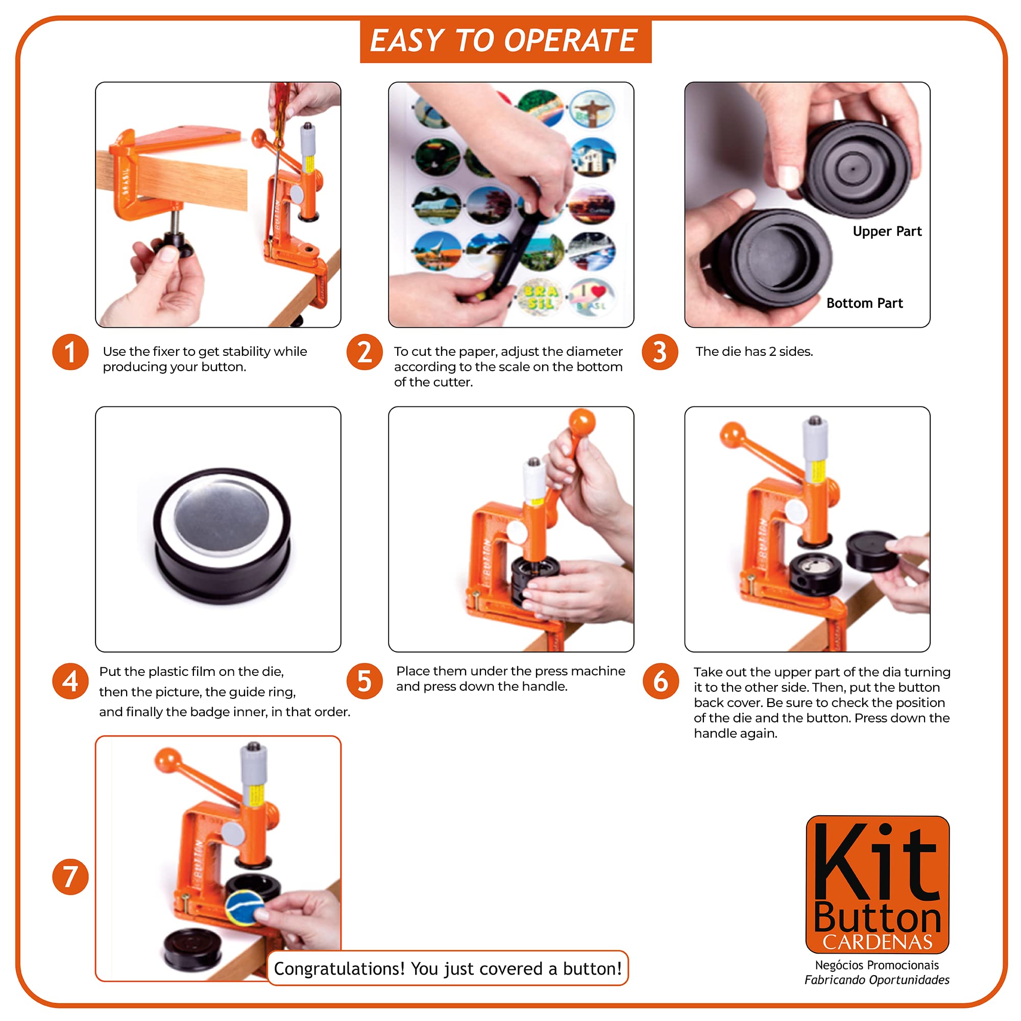 Cardenas - Kit Button Maker Machine - Button Maker Mold, DIY Button Pin Maker Machine - with 100 buttons, Orange, 2 1/8" (55mm)