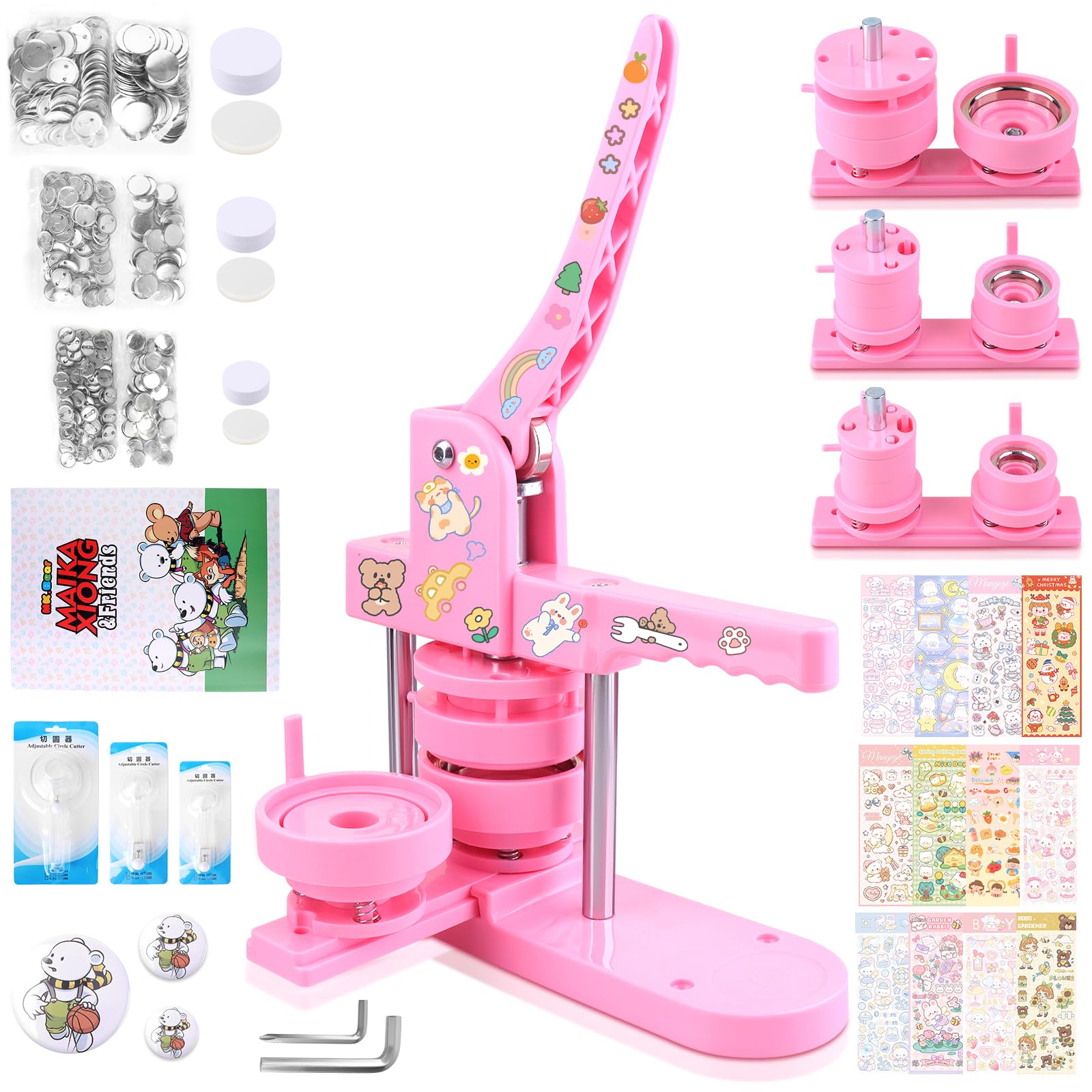 Button Maker Machine Kit: Create Buttons with Multiple Sizes (1+1.25+2.25 inch)! includes 600 Pcs Button Making Supplies, 12 Cartoon Stickers, 3 Pcs Cutter, 1 Magic Book. Button Press for 25/32/58mm